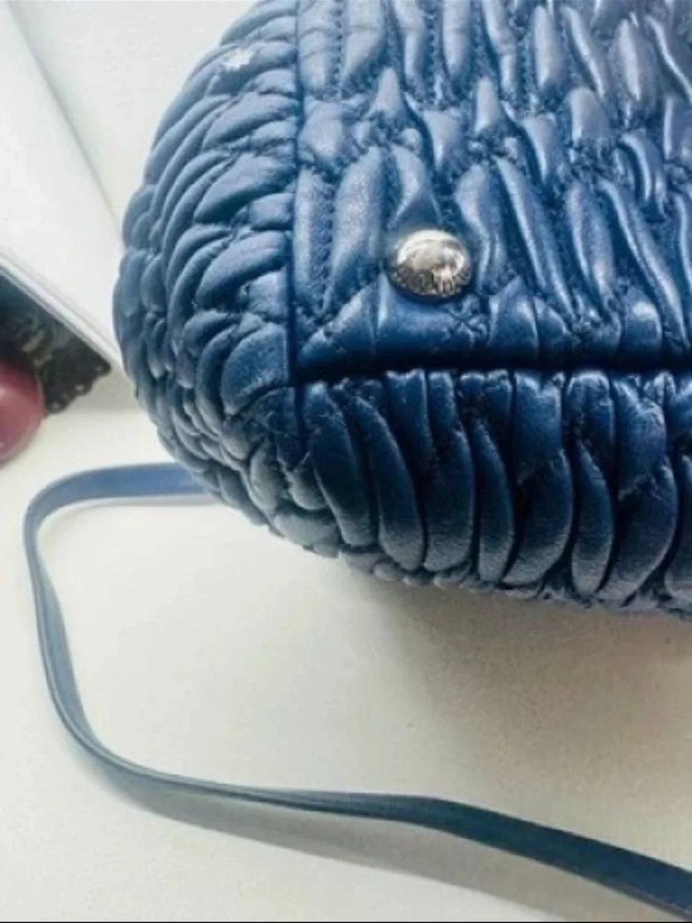 Miu Miu Quilted Blue Leather Satchel with Shoulder Strap